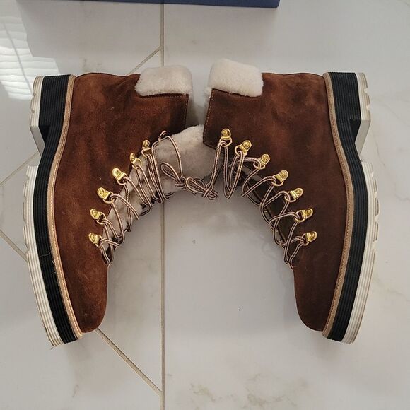 Napoleoni Leather Fur Ankle Congac Shearling Lined Boots 9 - Picture 3 of 9